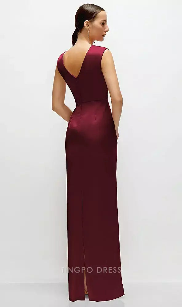 Elegant Draped Boat Neck Satin Maxi Dress with V - Back and Side Slit Prom Dress